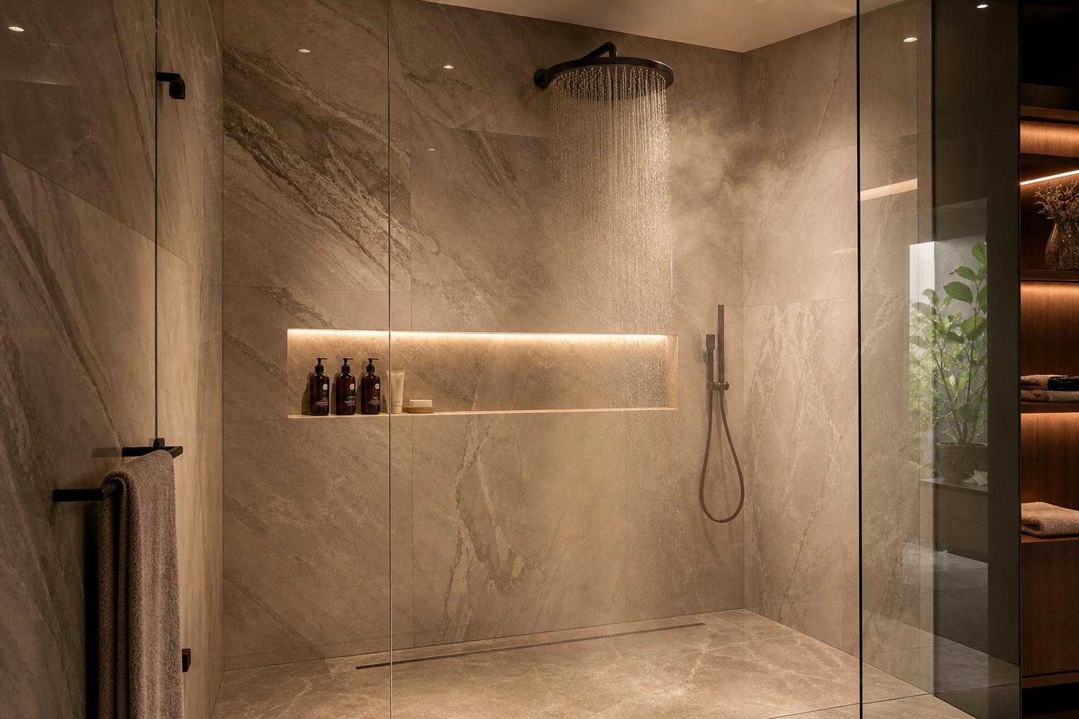 Luxury bathroom shower with marble-look porcelain tile, rain shower head, and built-in niche