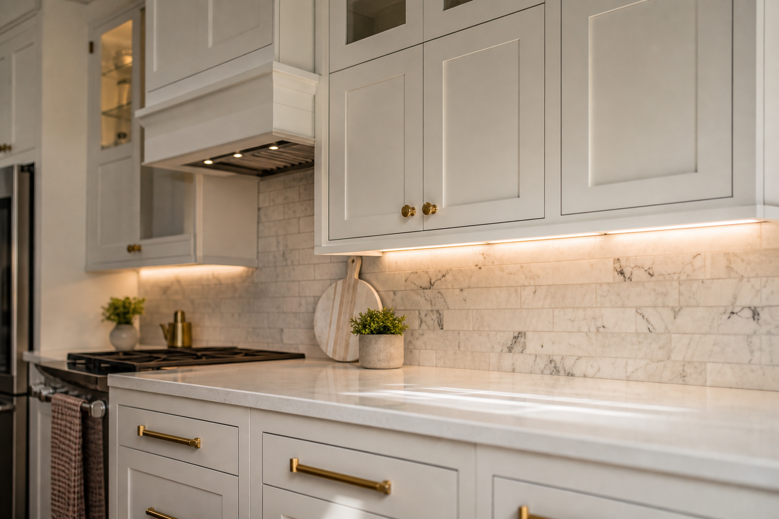 Custom white shaker kitchen cabinetry with brass hardware and marble backsplash
