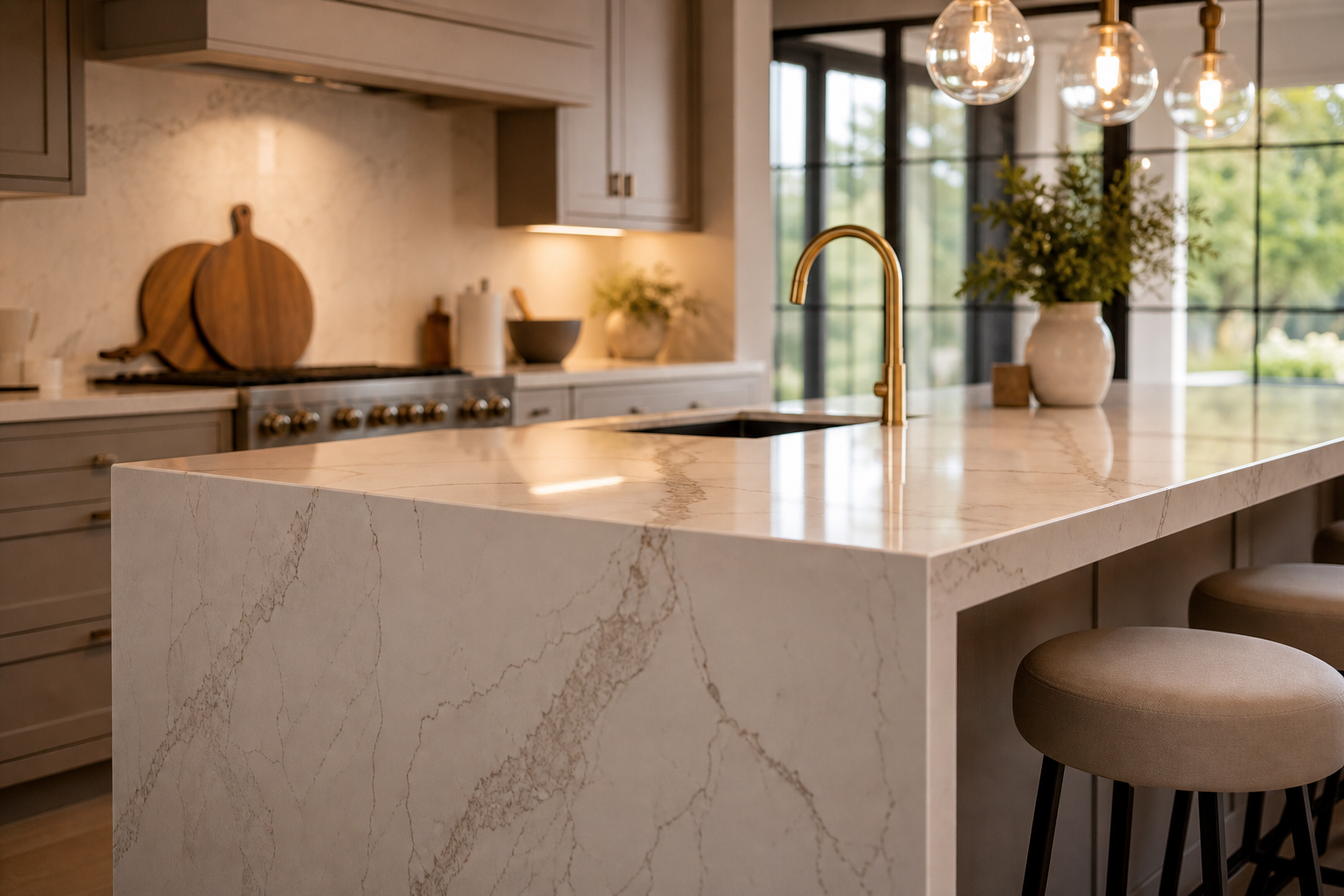 Quartz kitchen island with waterfall edge and pendant lighting