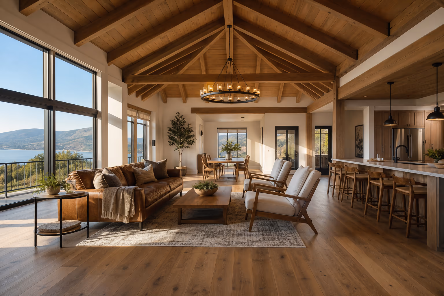 Whole-home renovation on a Lake Country acreage with vaulted ceilings, wood beams, and orchard views — Nailed It Developments