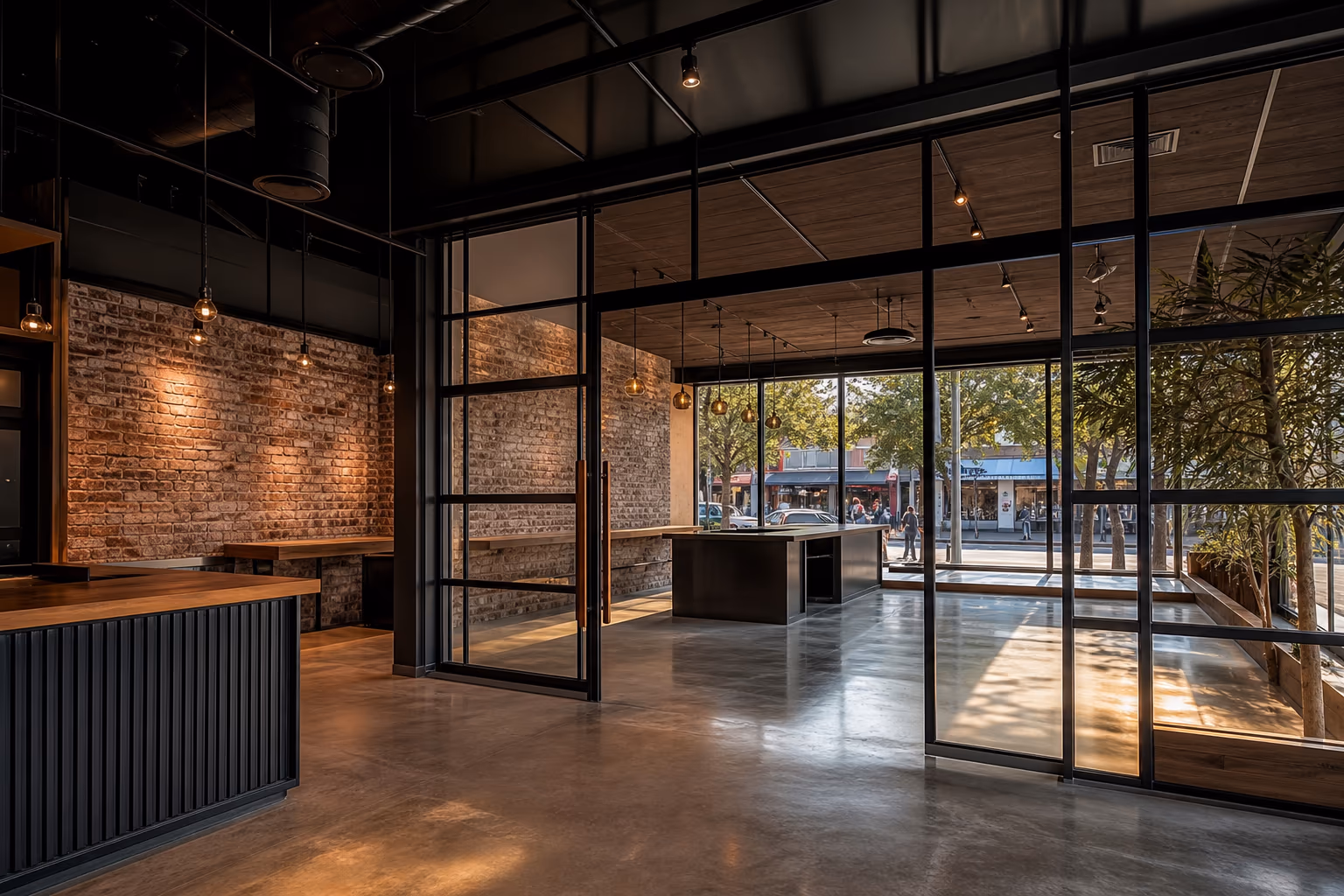 Commercial renovation in downtown Penticton — modern storefront transformation with exposed brick, polished concrete, steel-framed glass partitions — Nailed It Developments