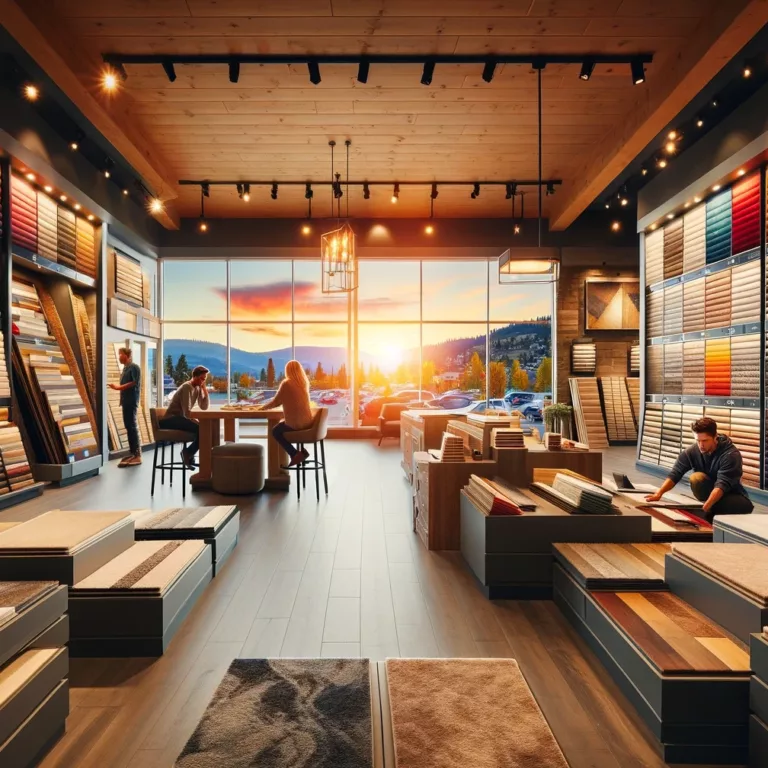 Interior of a flooring store with customers exploring a variety of samples as a stunning Kelowna sunset unfolds outside large windows.